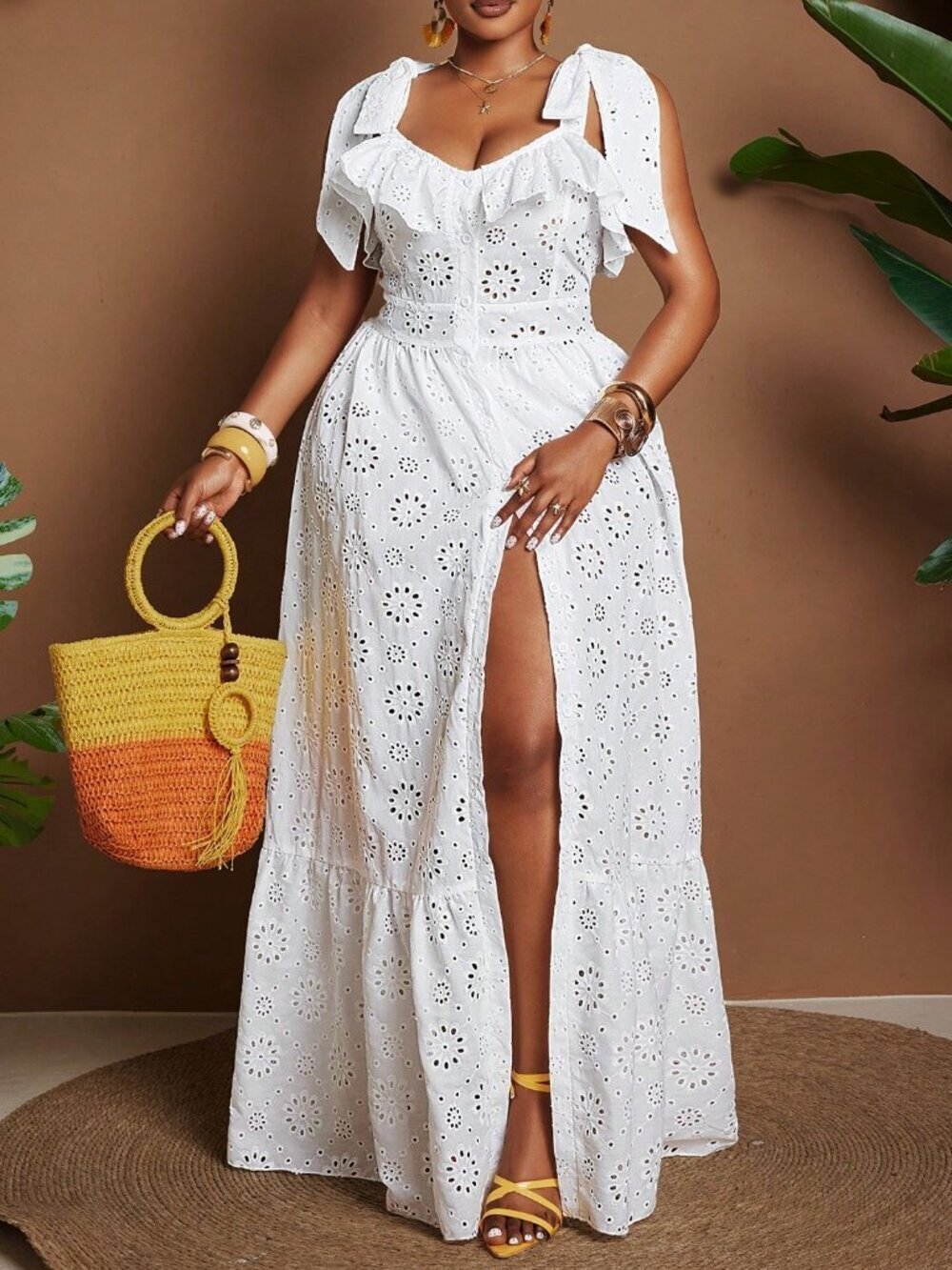 White Boho Elegant Women's Plus Size Woven Embroidered Patchwork Ruffle Dress - Picture 5 of 6